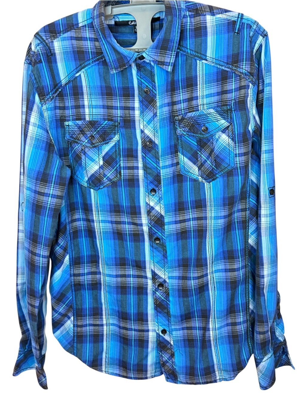 ✝️Carbon Men's Blue and Black Plaid Button-Down Shirt size large
